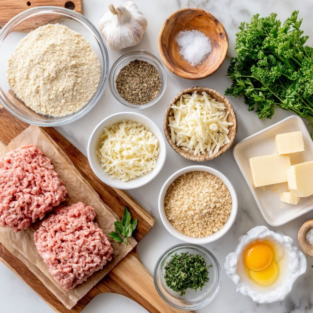 Fresh ingredients for garlic parmesan chicken meatloaf including ground chicken, parmesan, garlic and breadcrumbs. Simple prep for tender baked chicken dinner.