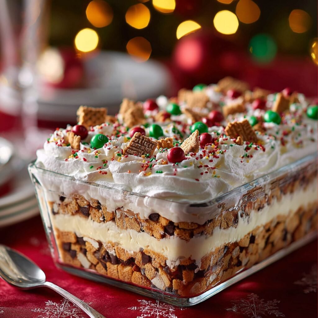 Festive 20 minute christmas cookie lasagna with cookies cream filling whipped topping and holiday sprinkles