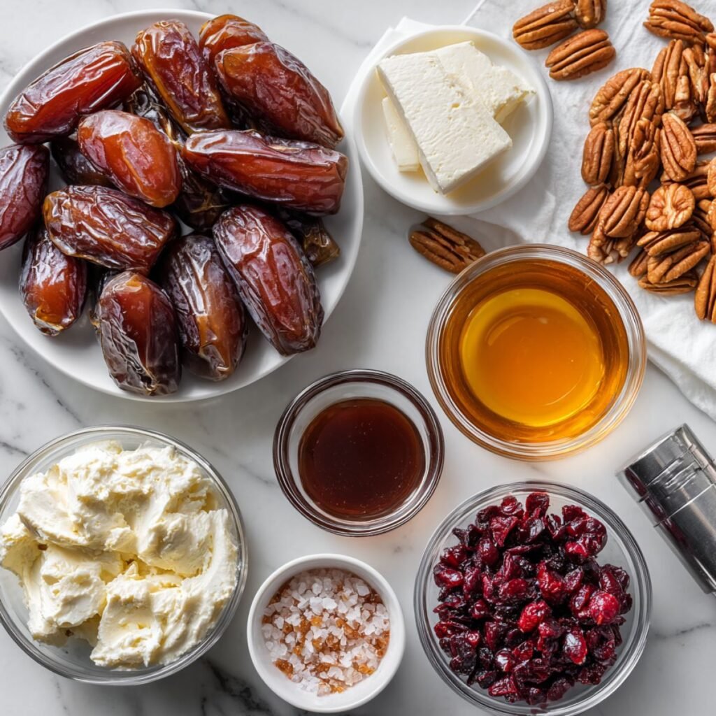 Fresh ingredients for goat cheese stuffed dates including medjool dates goat cheese walnuts honey and rosemary on marble surface