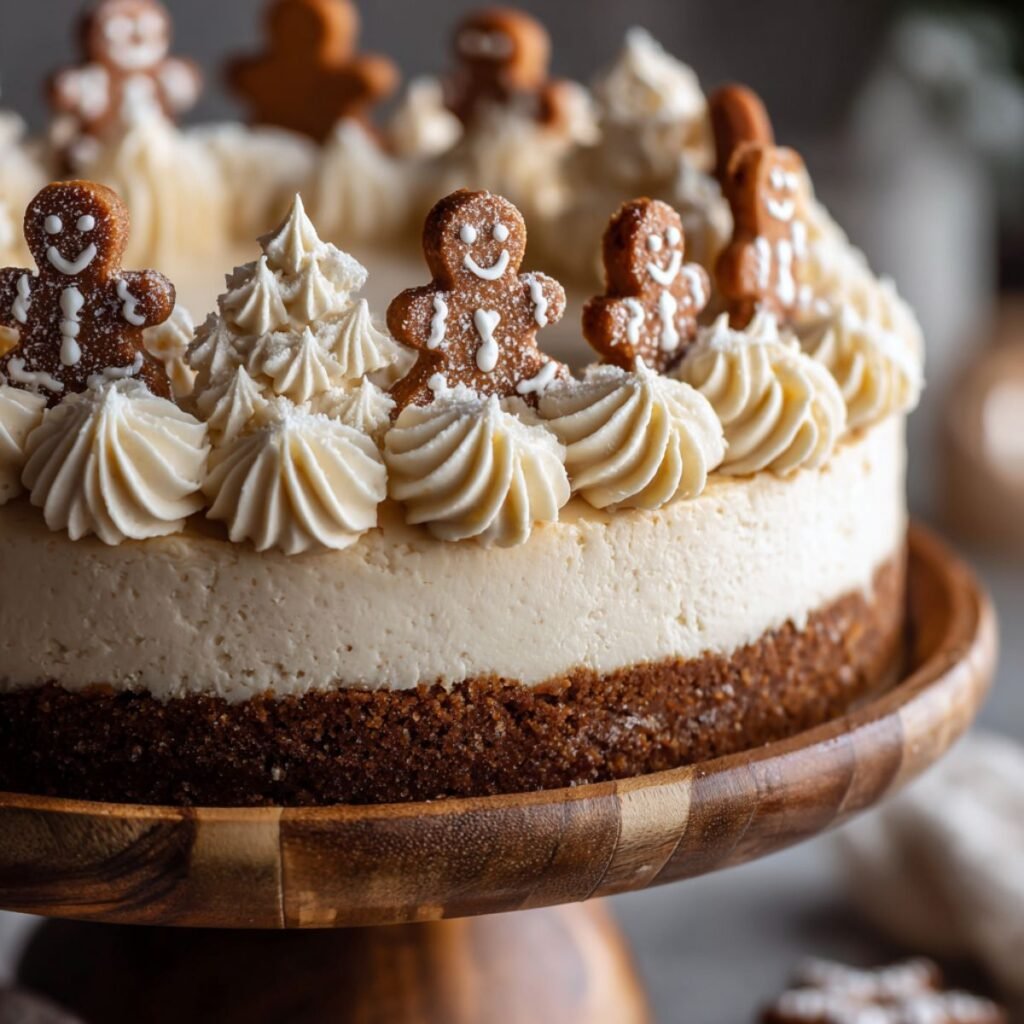 Festive 45 minute gingerbread cheesecake with whipped cream rosettes and gingerbread cookie people on wooden cake stand