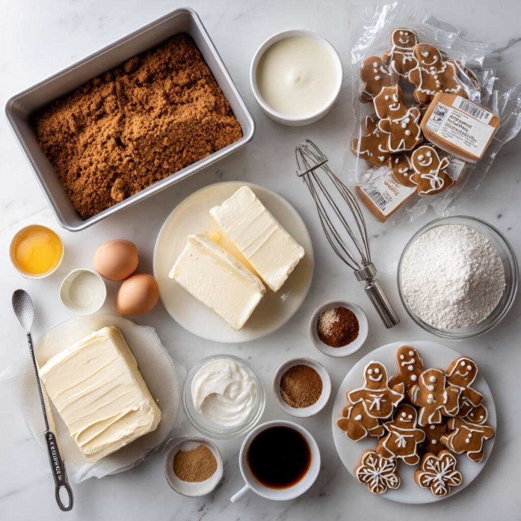 Fresh ingredients for gingerbread cheesecake including cream cheese gingerbread cookies spices and whipping cream arranged on marble surface