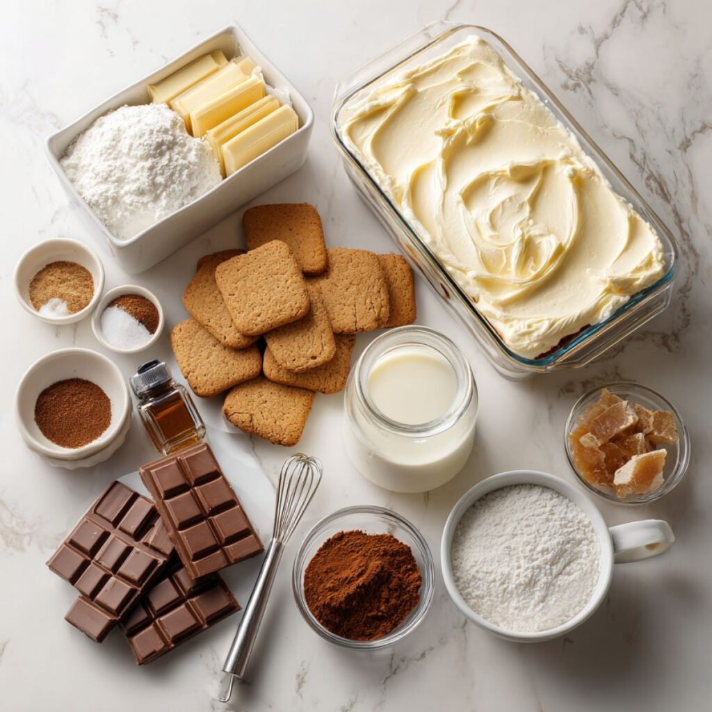 Premium fresh ingredients for gingerbread tiramisu including gingerbread cookies mascarpone eggnog cocoa arranged on marble