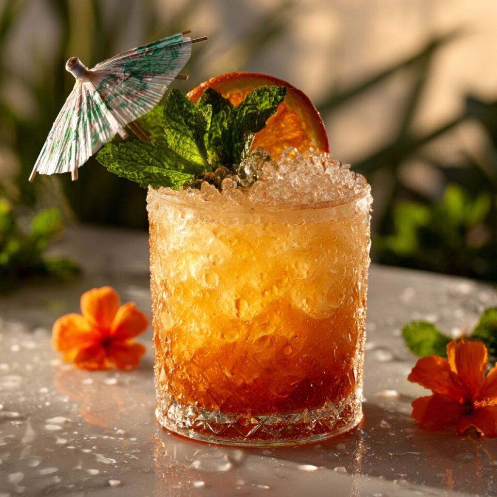 Classic Mai Tai cocktail with rum layers, fresh mint, orange wheel garnish, and paper umbrella in glass with crushed ice