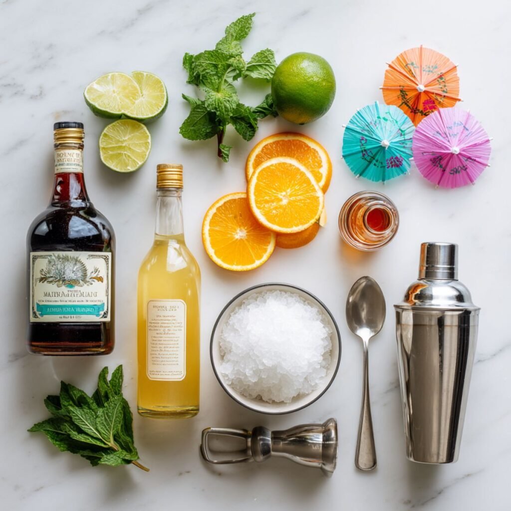 Mai Tai ingredients including light rum, dark rum, orange liqueur, orgeat syrup, fresh limes, mint, and cocktail tools