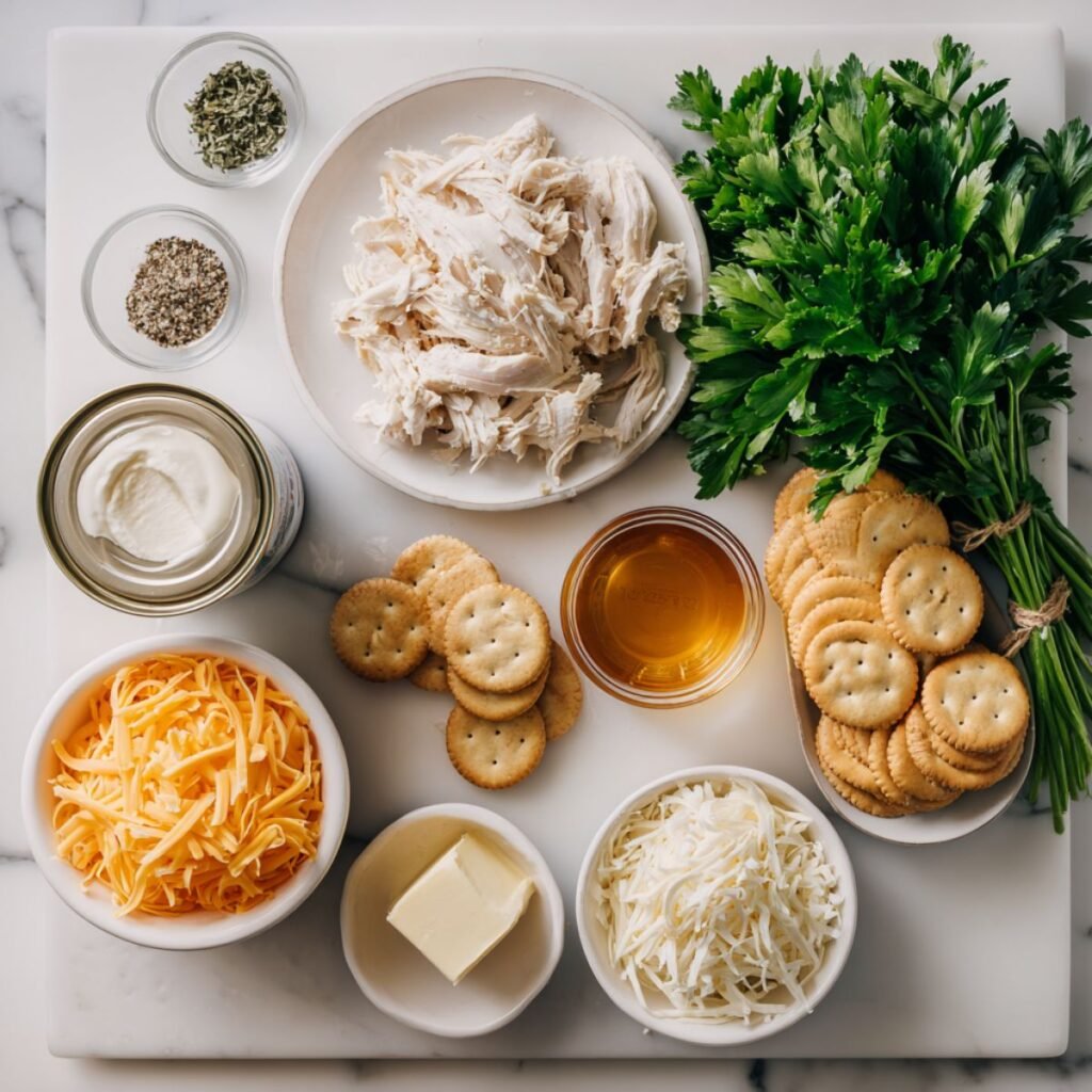 Fresh ingredients for Neiman Marcus chicken casserole including chicken Ritz crackers sour cream cream soup and cheeses arranged on marble surface