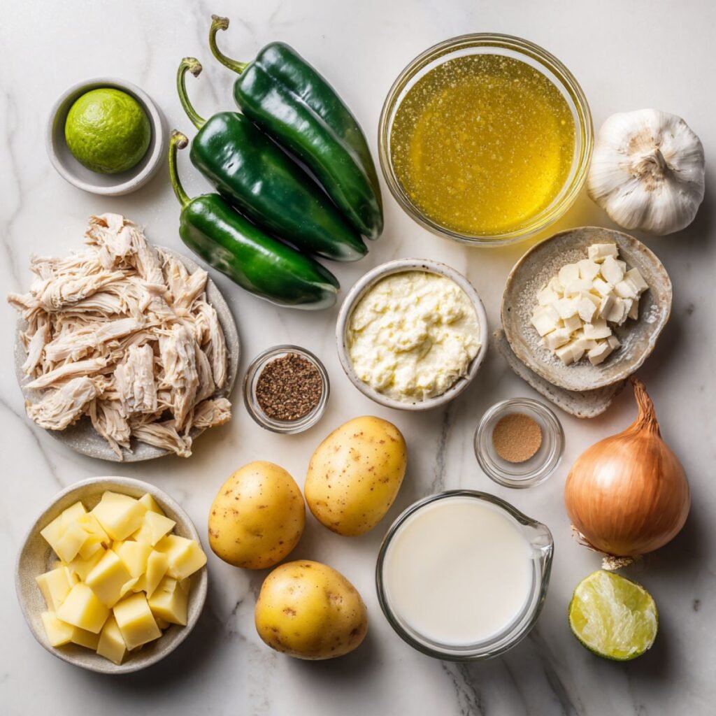 Premium fresh ingredients for chicken poblano soup including poblano peppers chicken potatoes cream cheese cilantro arranged on marble