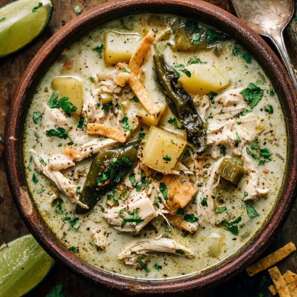 Creamy 40 minute chicken poblano soup with roasted poblanos tender chicken potatoes and fresh cilantro