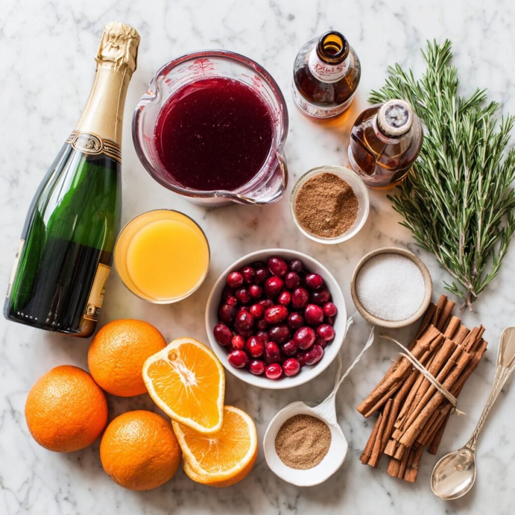 Fresh ingredients for christmas sangria recipe including prosecco cranberry juice oranges cinnamon sticks and fresh cranberries arranged on marble surface