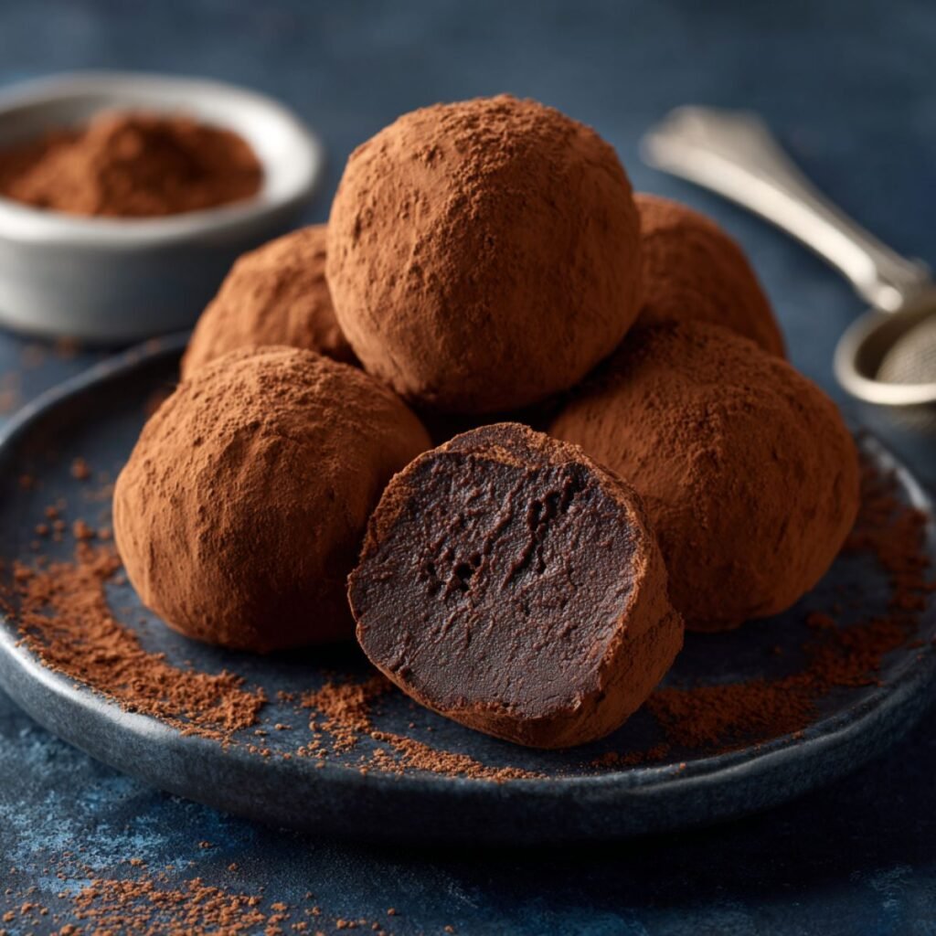 Rich 25 minute coffee truffles with dark chocolate coating and cocoa powder dusting