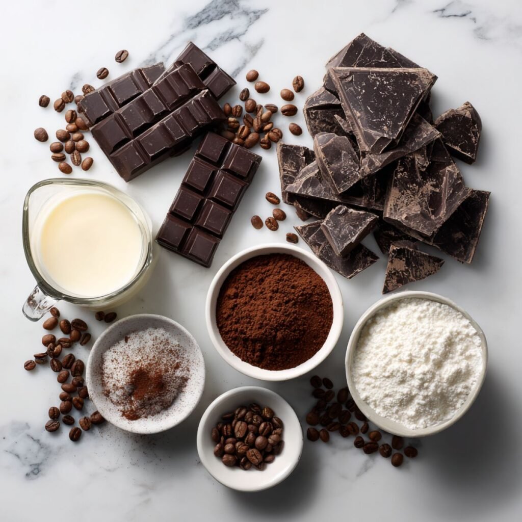 fresh ingredients for coffee truffles including dark chocolate heavy cream instant espresso cocoa powder arranged beautifully on marble