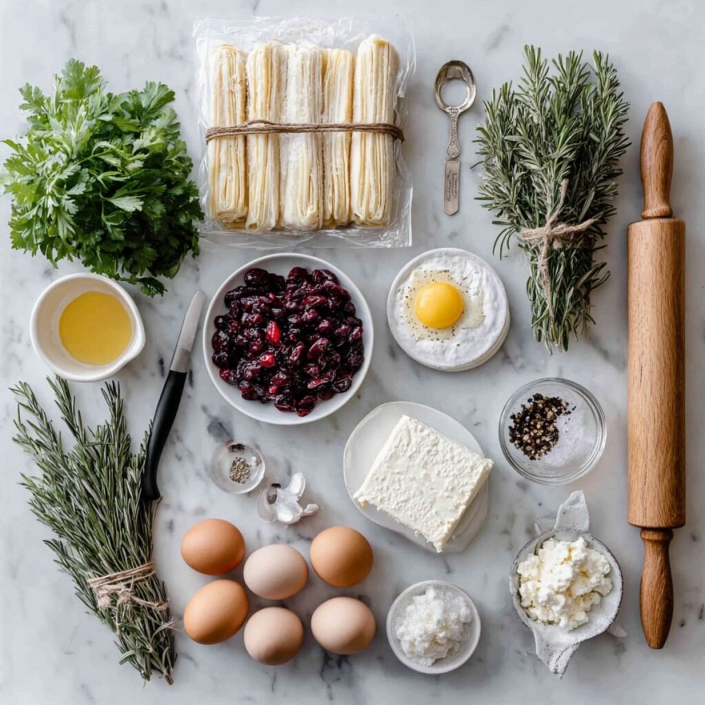 Fresh ingredients for cranberry cream cheese pinwheels including puff pastry cream cheese feta and cranberries arranged on marble surface