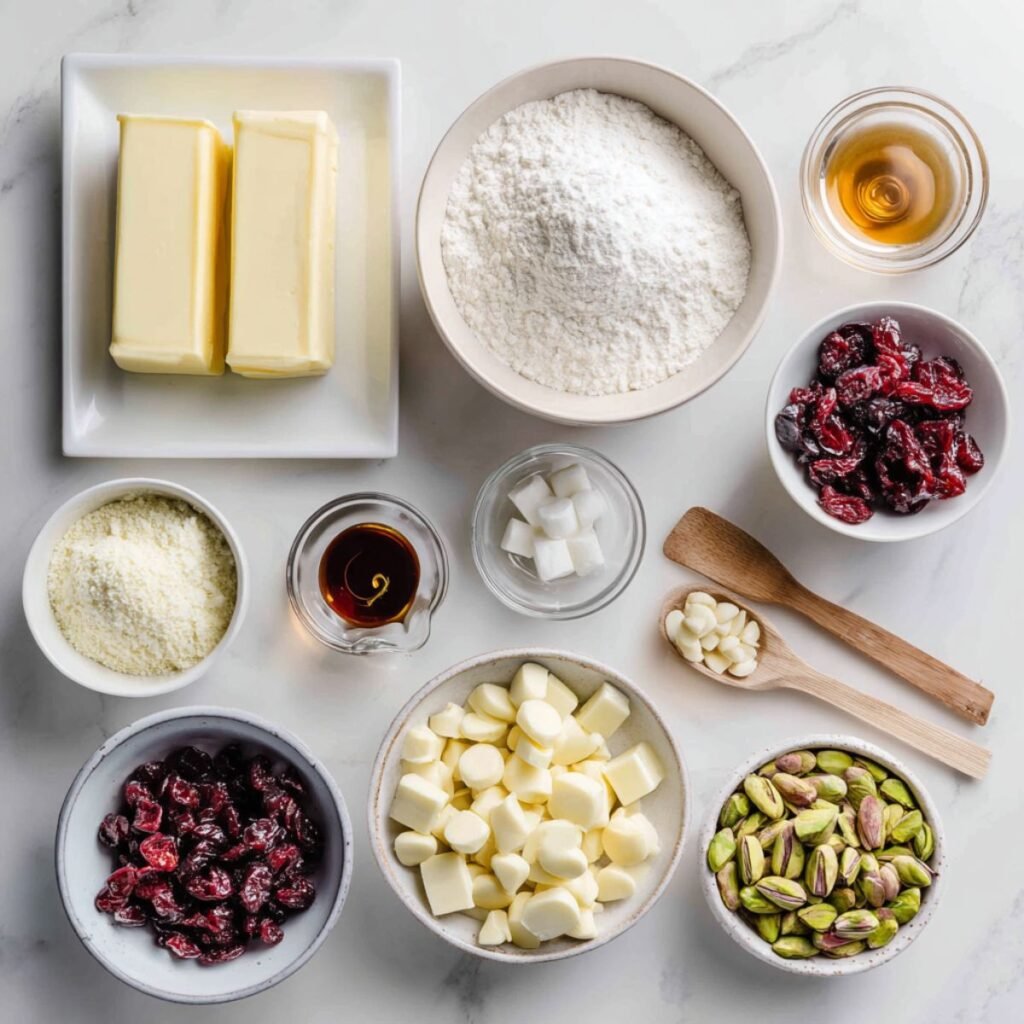 Fresh ingredients for cranberry pistachio shortbread cookies including butter flour dried cranberries pistachios and white chocolate arranged on marble surface