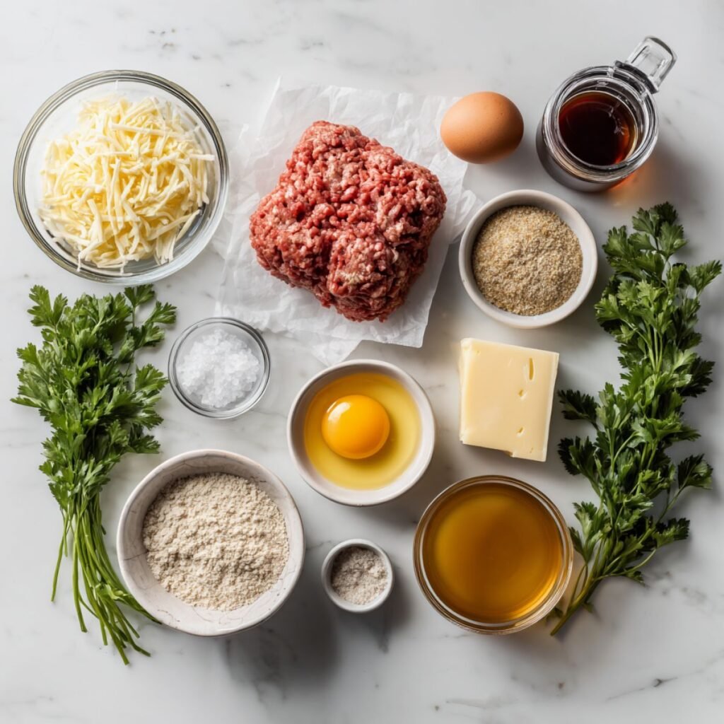 Premium fresh ingredients for crock pot french onion meatballs including ground beef french onion soup mix cheese beef broth arranged on marble