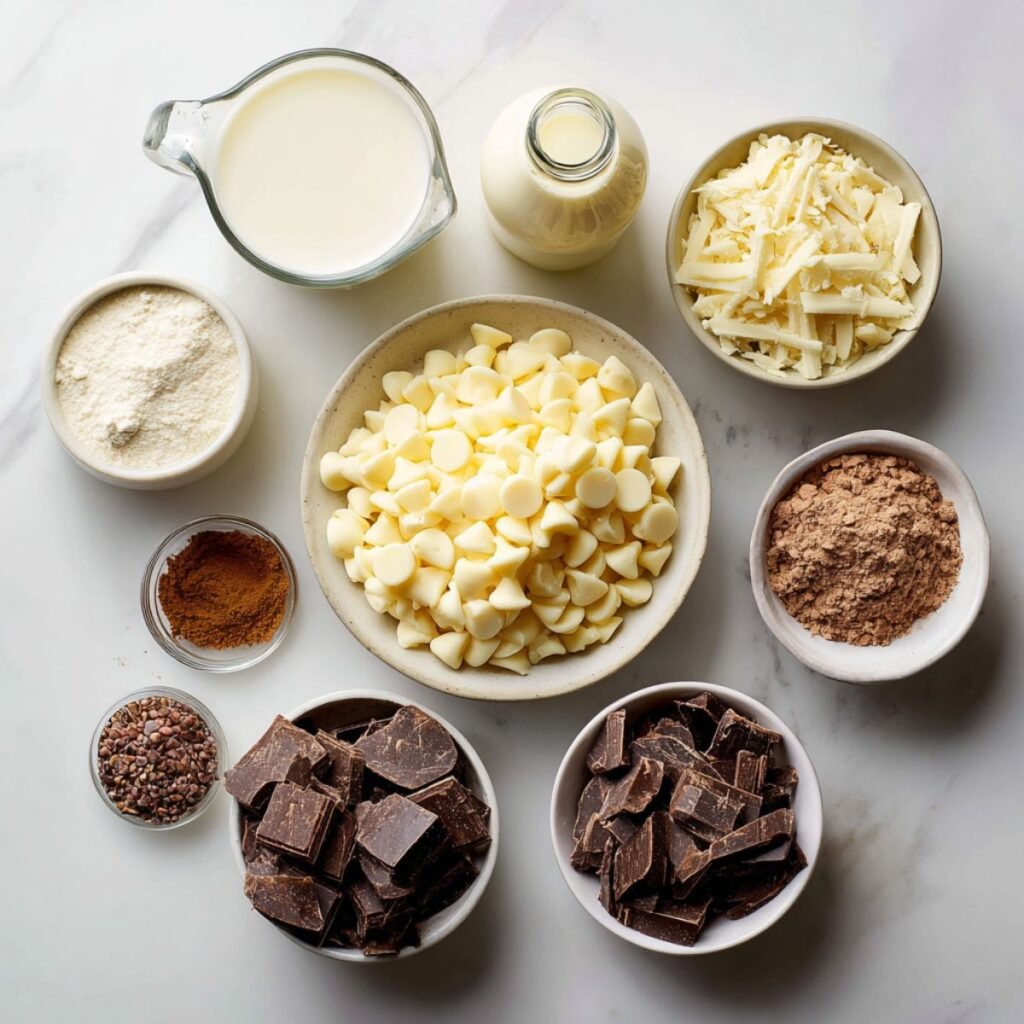 Premium fresh ingredients for eggnog truffles including white chocolate heavy cream eggnog dark chocolate nutmeg arranged beautifully on marble
