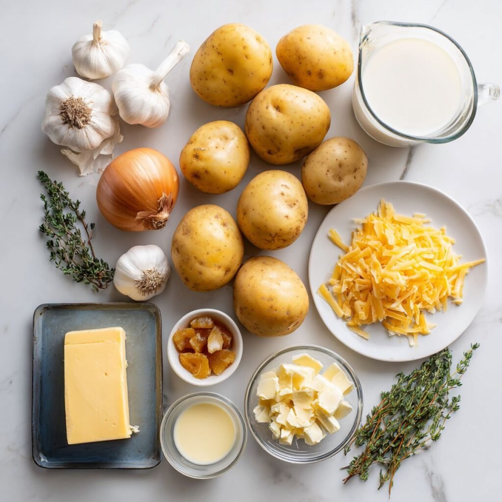 Premium fresh ingredients for garlic potato soup including potatoes garlic cloves butter cream cheddar cheese herbs arranged on marble
