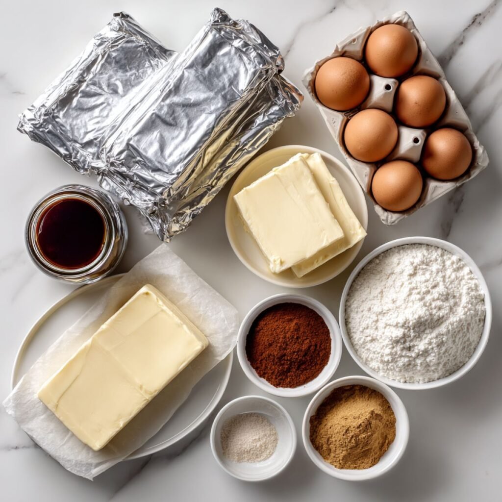 Premium fresh ingredients for gingerbread cheesecake bars including cream cheese molasses spices butter eggs sugar flour arranged beautifully on marble