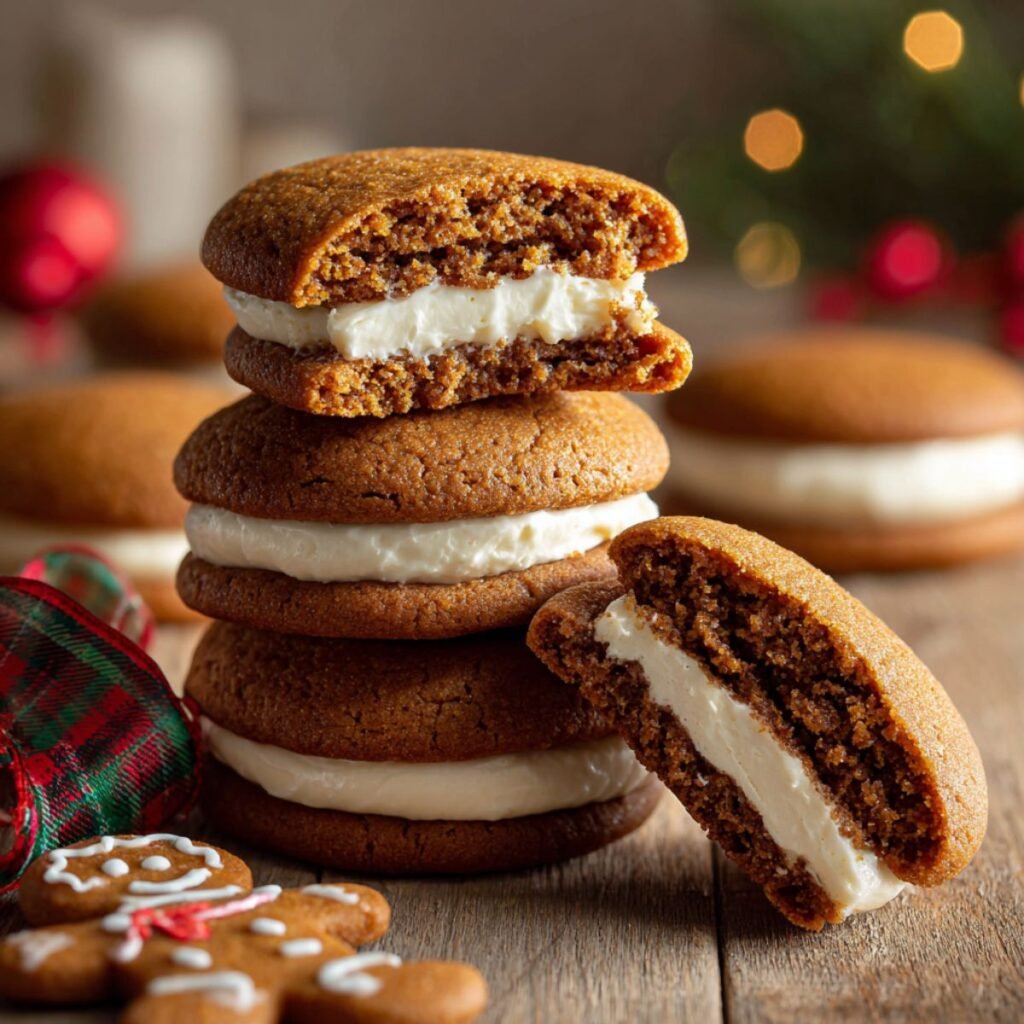 Soft 30 minute gingerbread cheesecake cookies with cream cheese filling stacked showing cross section