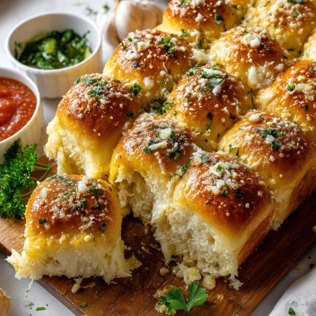 Buttery 20 minute hawaiian roll garlic bread with golden tops parmesan cheese and fresh parsley