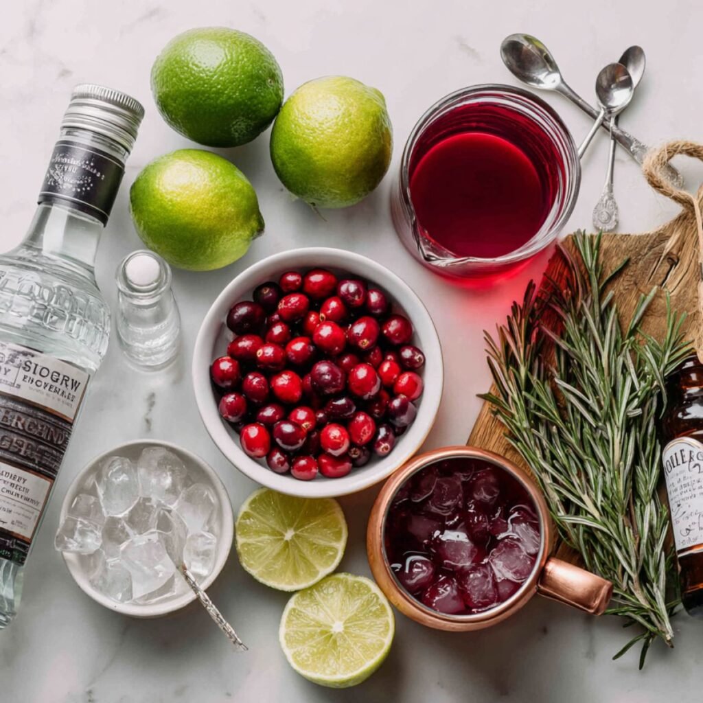Fresh ingredients for holiday moscow mule recipe including vodka cranberry juice lime ginger beer and fresh garnishes arranged on marble surface