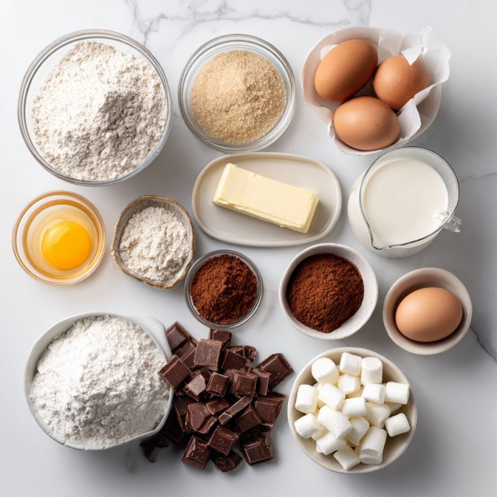 fresh ingredients for hot cocoa cinnamon rolls including flour yeast milk butter eggs cocoa powder cinnamon chocolate marshmallows arranged on marble