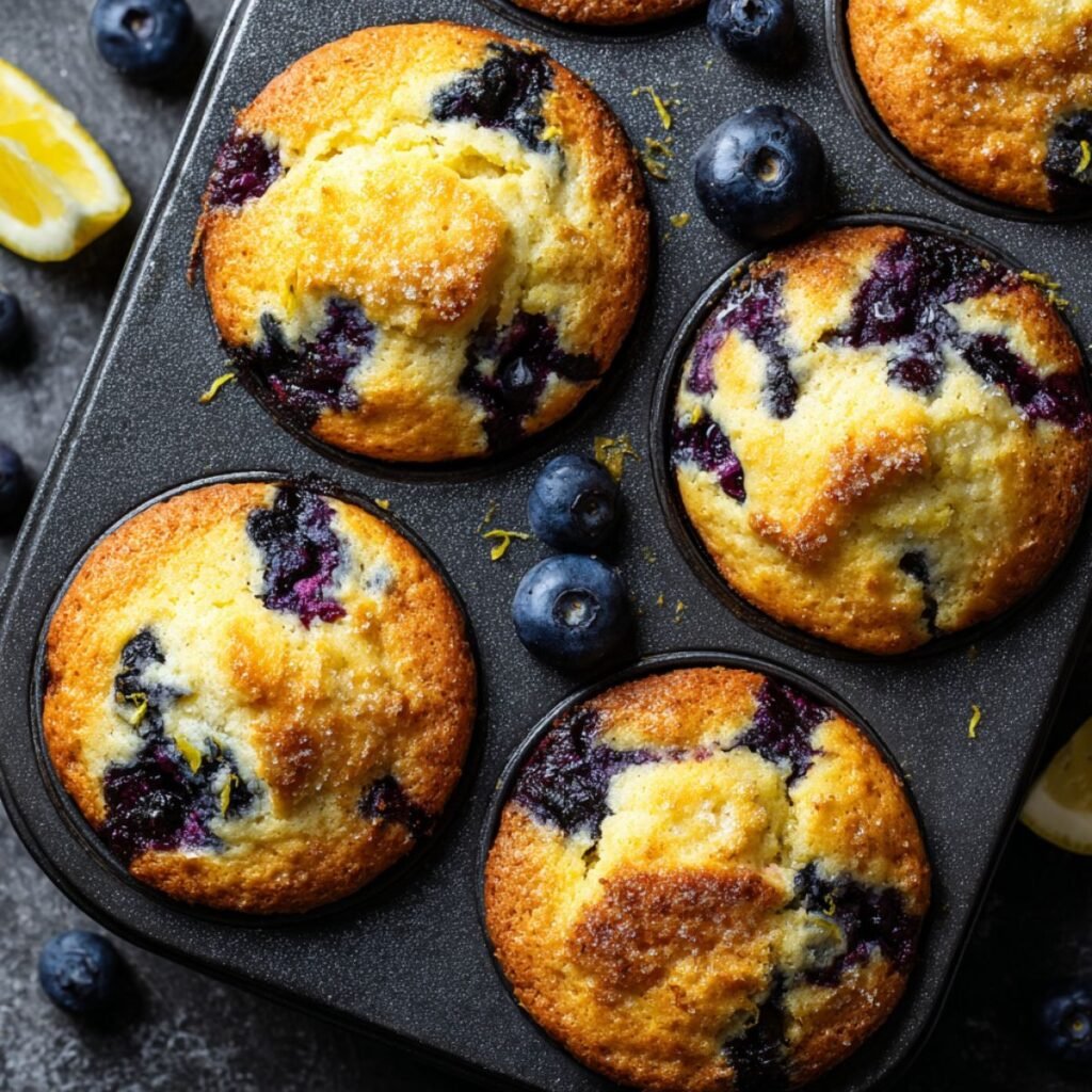 Fluffy 25 minute lemon blueberry cottage cheese muffins with golden tops and burst blueberries in muffin tin