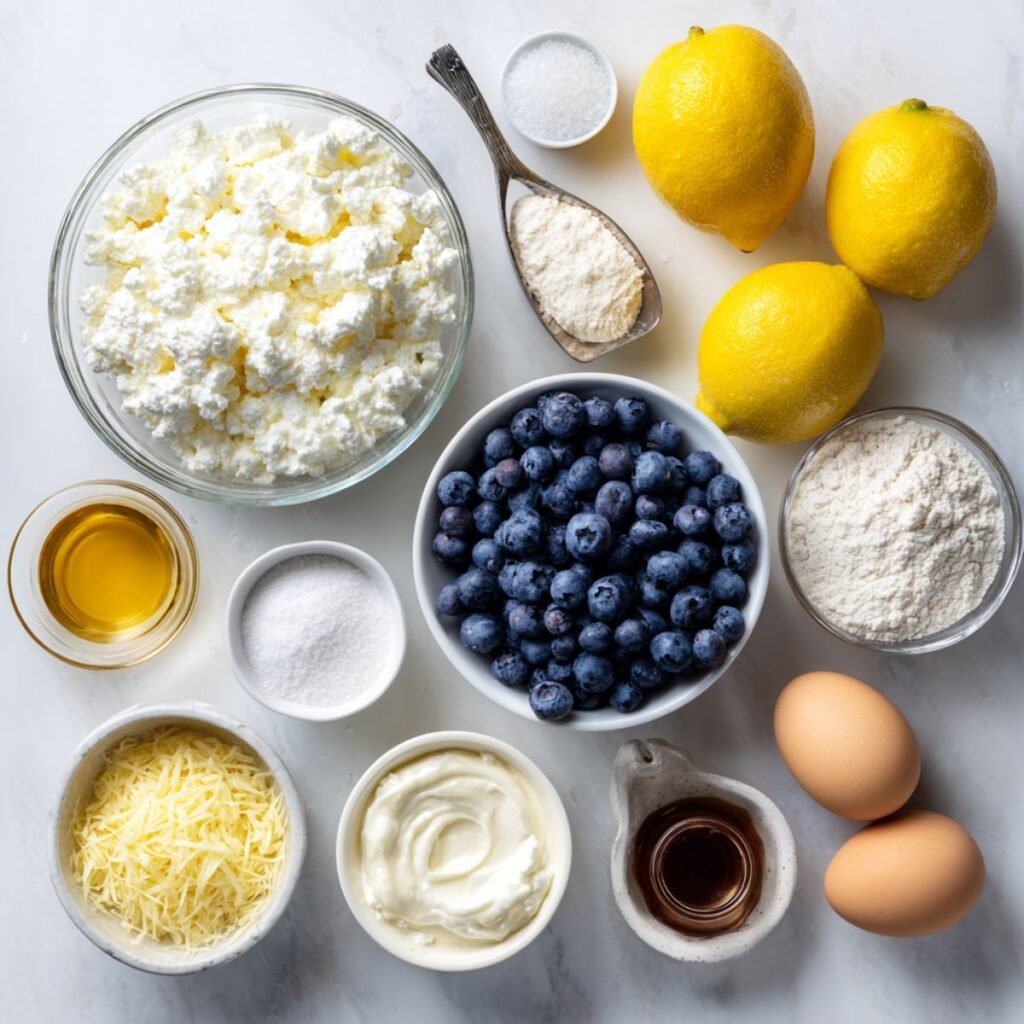 Fresh ingredients for lemon blueberry cottage cheese muffins including cottage cheese blueberries lemons and flour arranged on marble surface