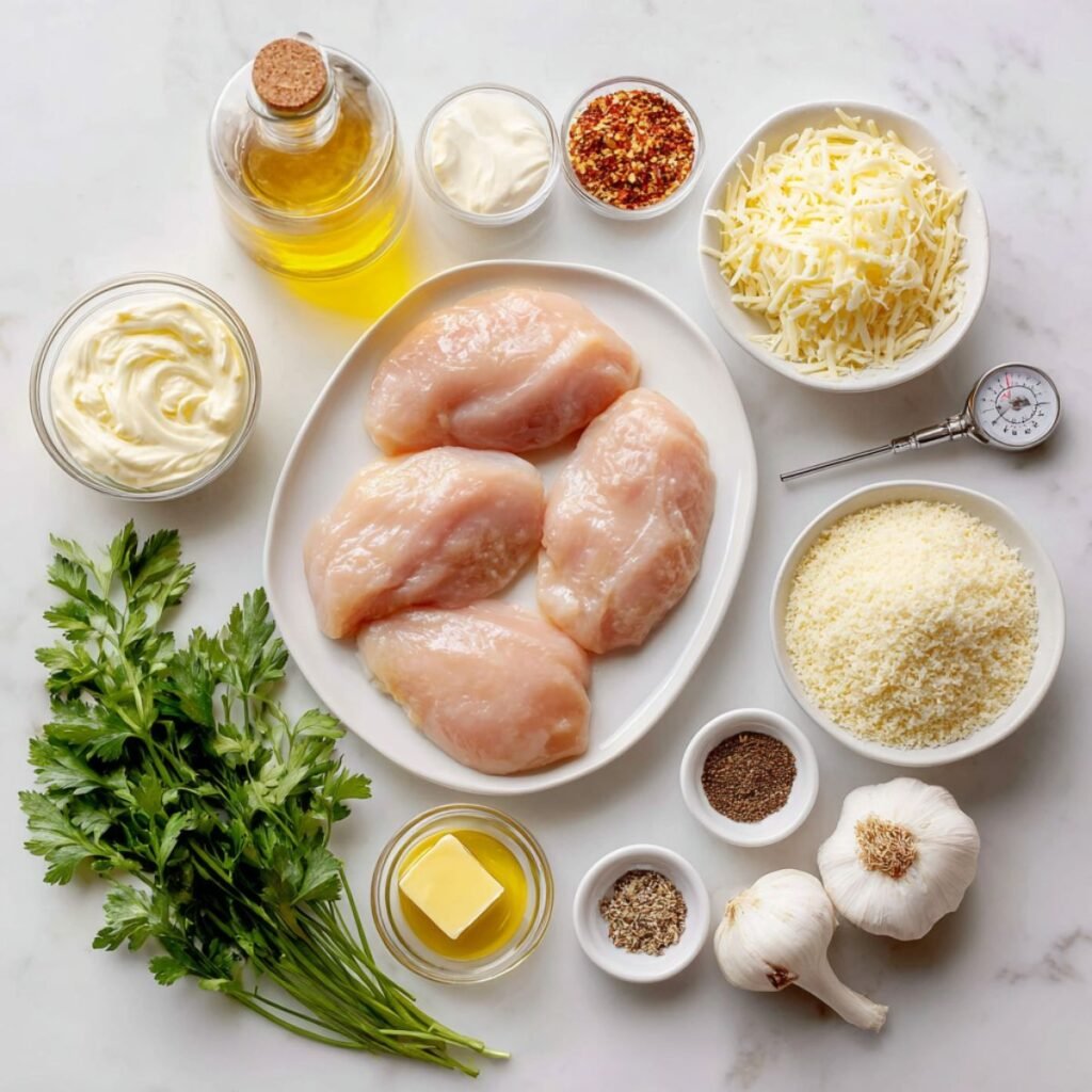 Fresh ingredients for longhorn steakhouse parmesan crusted chicken including chicken breasts mayo parmesan provolone and panko arranged on marble surface