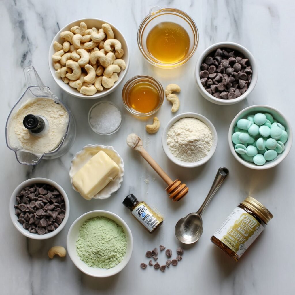 Fresh ingredients for mint chocolate chip protein balls including cashews protein powder honey and chocolate chips arranged on marble surface