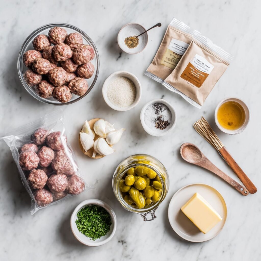 fresh ingredients for mississippi meatballs crockpot including frozen meatballs ranch mix au jus butter pepperoncini arranged on marble