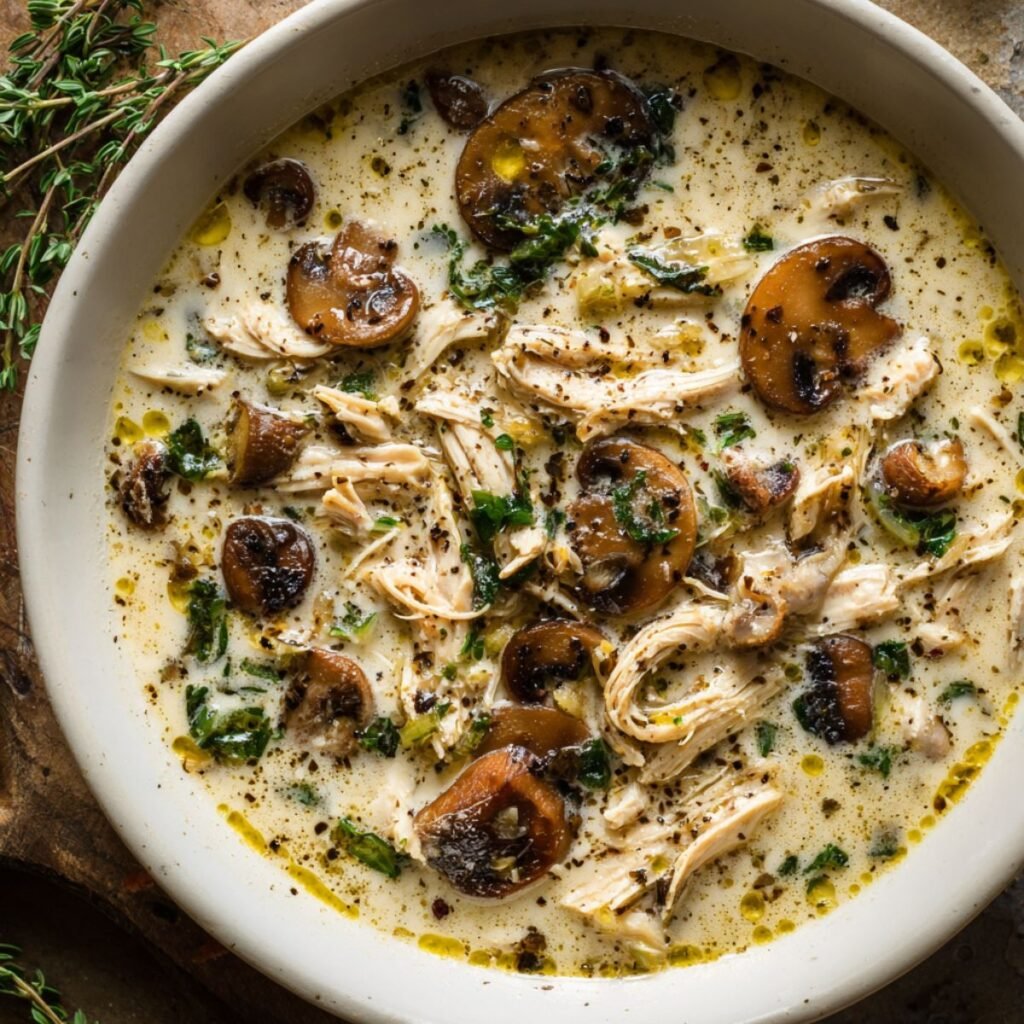 Creamy 30 minute rotisserie chicken mushroom soup with shredded chicken sliced mushrooms and fresh herbs in rich cream broth
