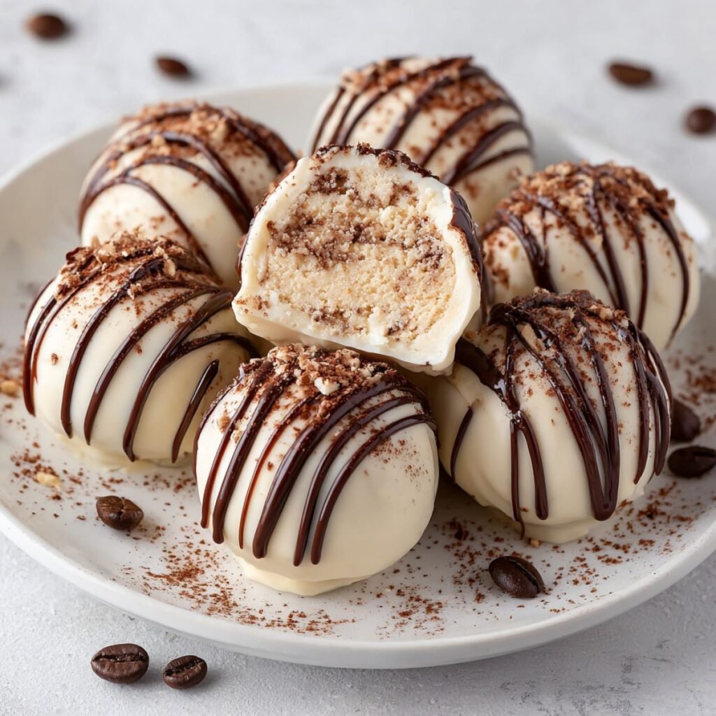 Elegant 20 minute tiramisu truffles with white chocolate coating and dark chocolate drizzle showing creamy filling