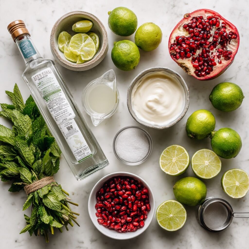 Fresh ingredients for white christmas mojito including white rum coconut cream mint and limes arranged on marble surface