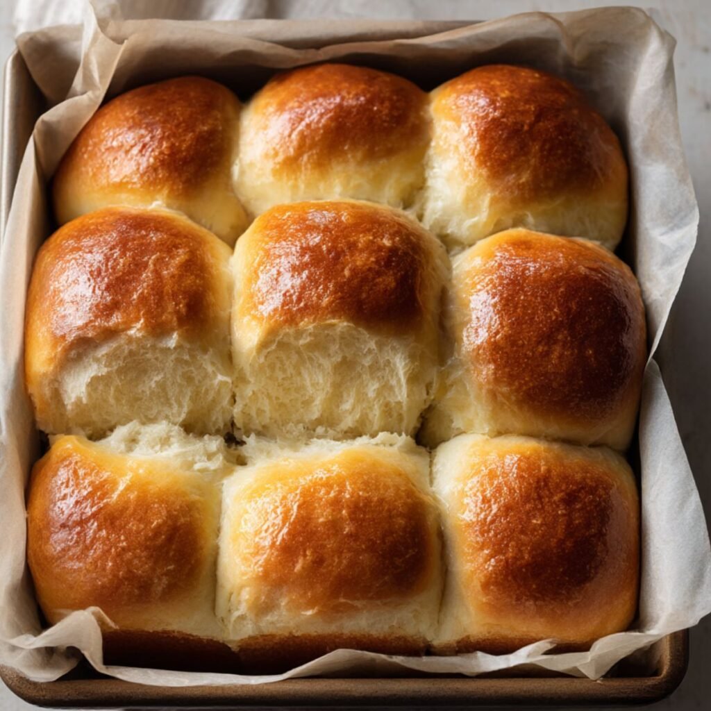 Slicing Hawaiian rolls horizontally to make garlic bread.