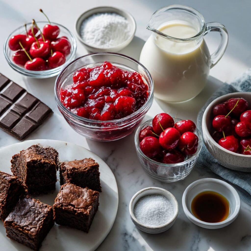 Fresh ingredients for Black Forest trifle including chocolate cake, cherry filling, heavy cream, and dark chocolate arranged on a white marble surface.