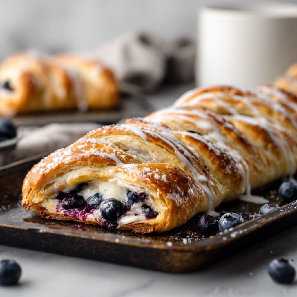 Blueberry cream cheese puff pastry with flaky golden layers, creamy cheesecake-style filling, and juicy blueberries, drizzled with sweet glaze on a baking tray.