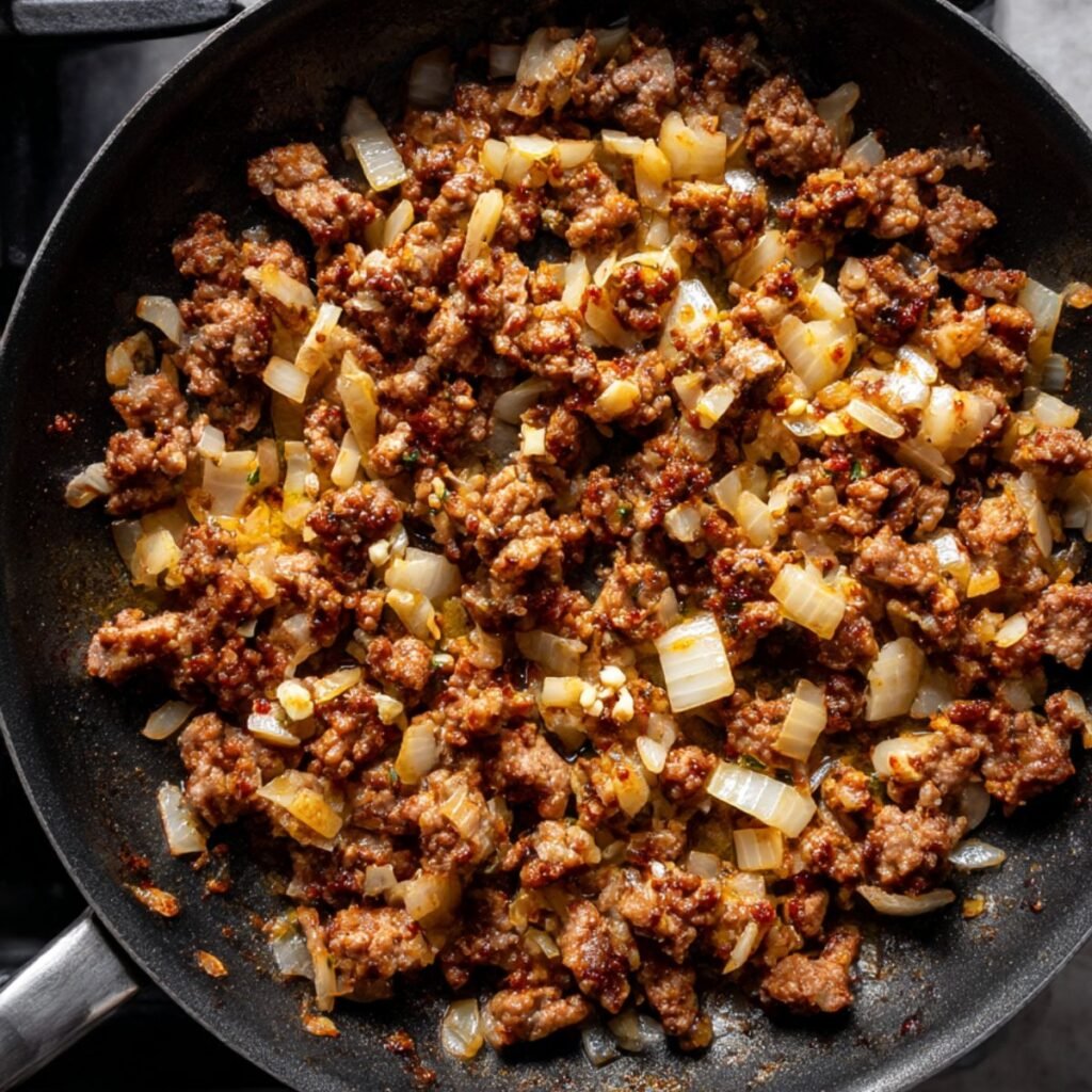 Ground beef and onions cooking in a skillet for cowboy casserole.