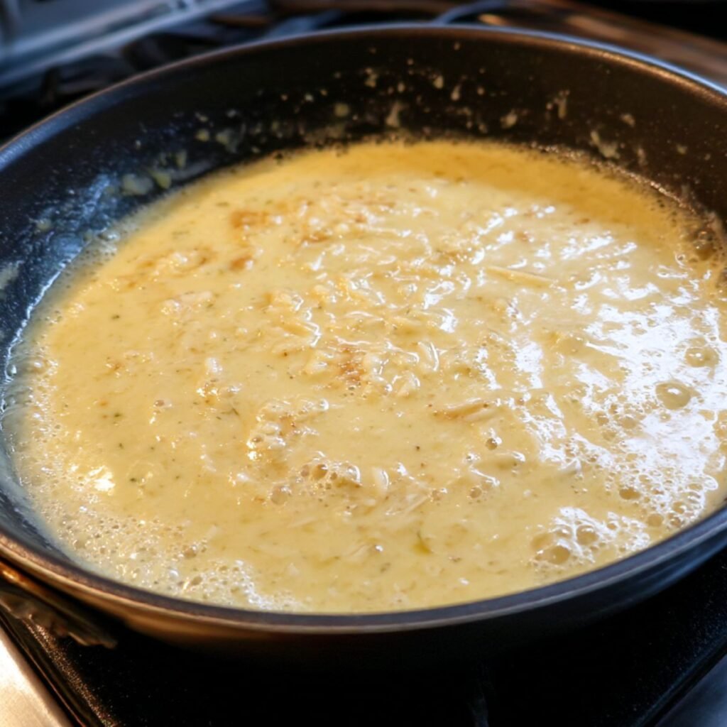 Creamy garlic parmesan sauce simmering in a skillet for chicken pasta.