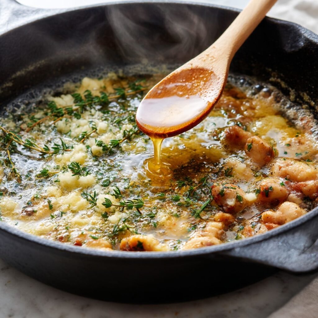 Honey butter sauce being mixed in a cast iron skillet for Texas Roadhouse butter chicken.