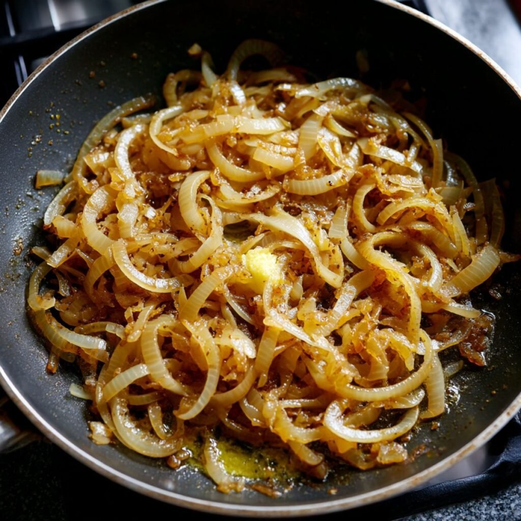 Golden caramelized onions cooking in butter for french onion ground beef and rice casserole