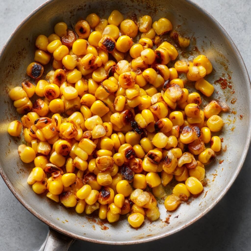 Charred corn cooking in a skillet for street corn chicken rice bowl.