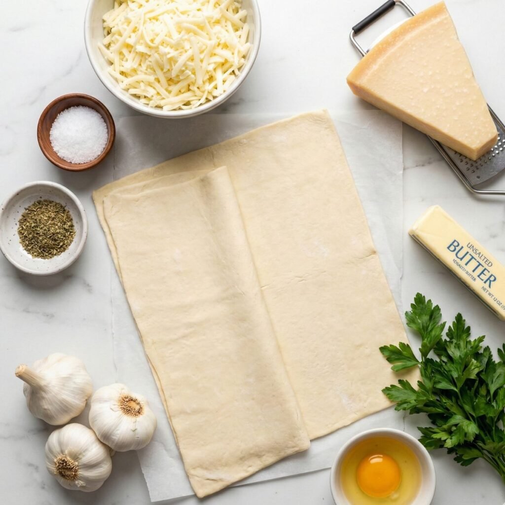 Ingredients including puff pastry, mozzarella, parmesan, butter, and garlic arranged on a white marble surface.