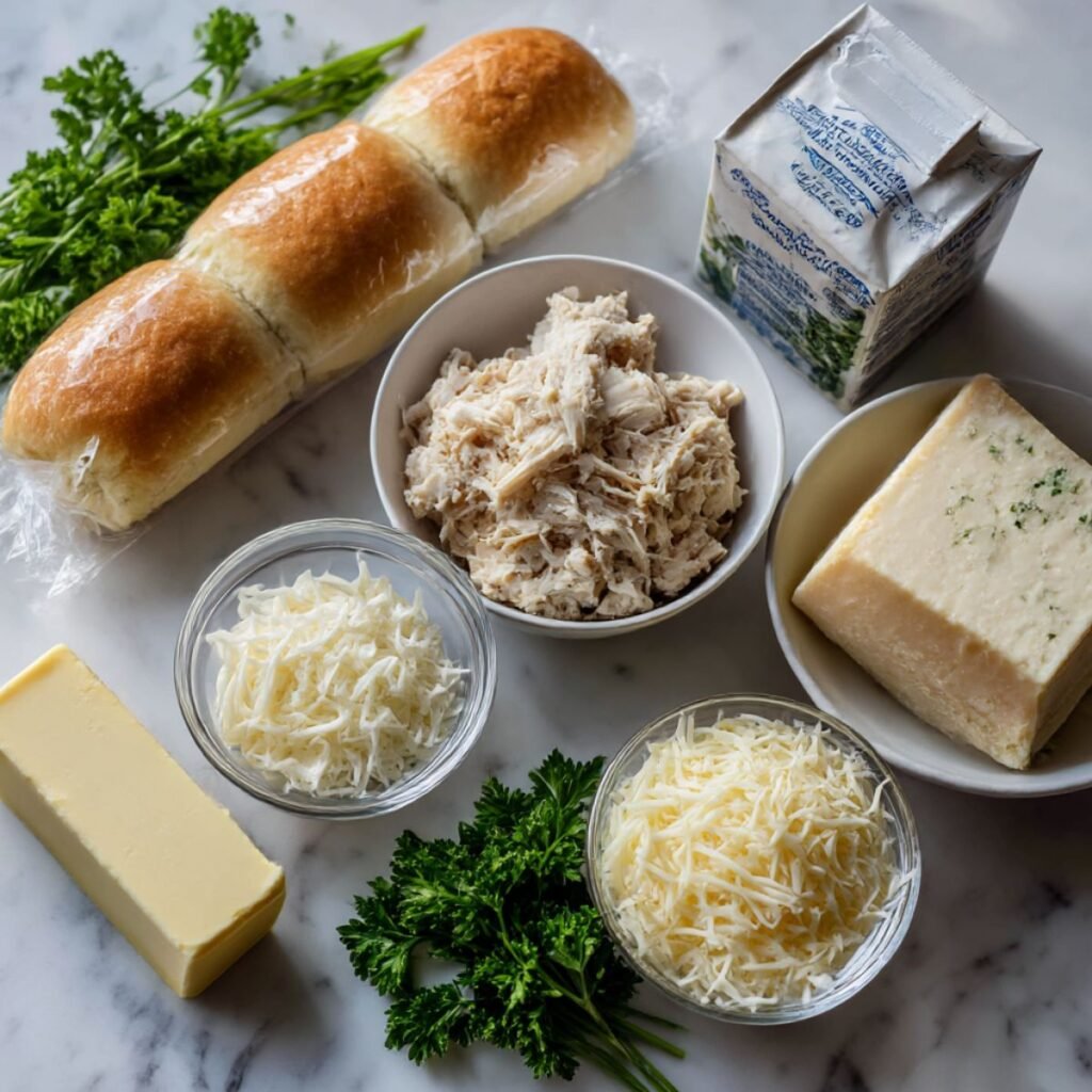 Fresh ingredients for chicken pillows including crescent rolls, chicken, cream cheese, and heavy cream on a white marble surface.