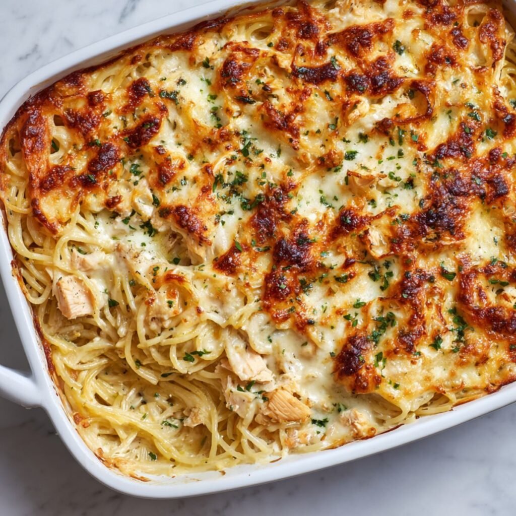 Cheesy chicken spaghetti casserole baked until golden and bubbly, with tender spaghetti noodles, shredded chicken, crispy bacon, and melted cheese stretching as it’s served.