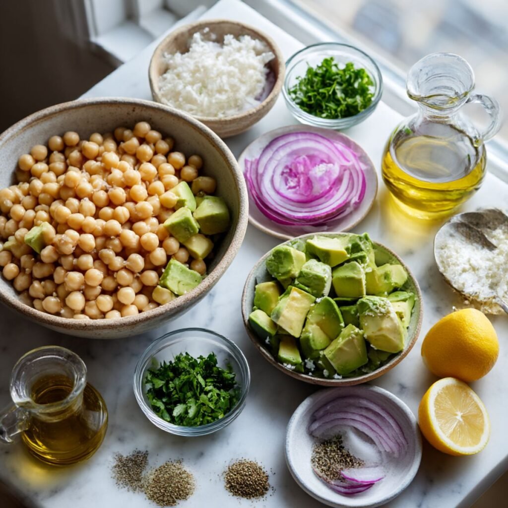 Fresh ingredients for chickpea avocado salad including bowls of chickpeas, cubed avocado, crumbled feta, sliced red onion, herbs, lemon, and olive oil arranged on a white marble countertop.