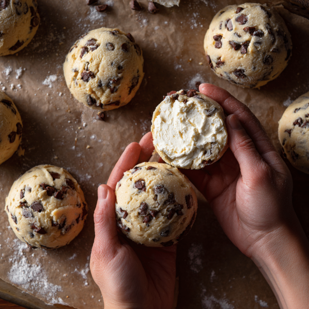 Chocolate chip cheesecake cookies being assembled with creamy cheesecake filling wrapped inside chocolate chip cookie dough on a parchment-lined baking sheet.