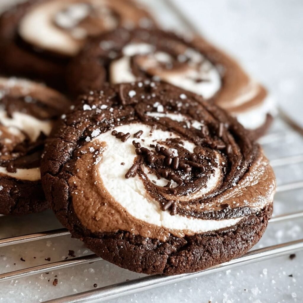 Chocolate marshmallow swirl cookies with rich cocoa dough and gooey marshmallow centers, baked until soft and fudgy with visible chocolate ribbons and crinkled edges.