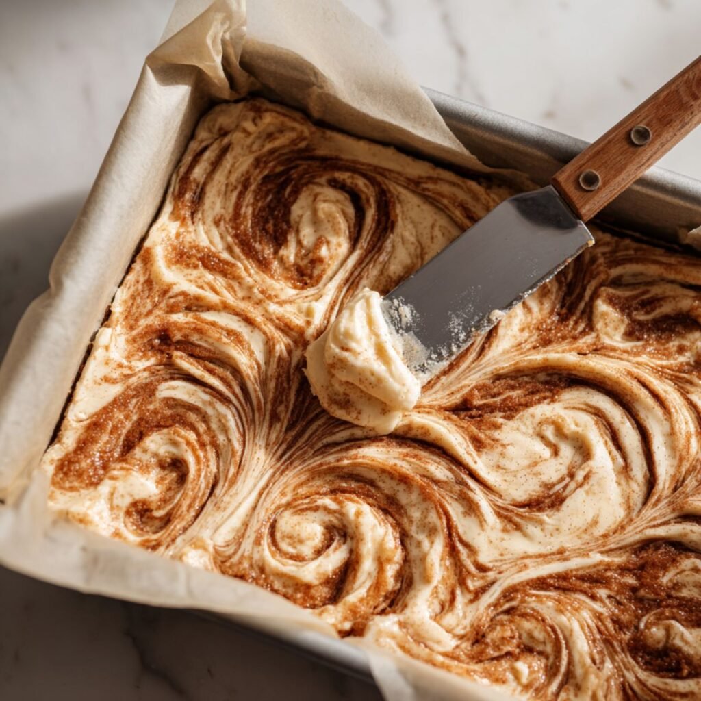Cinnamon roll bliss bars batter swirled with cinnamon sugar in a parchment-lined baking pan before baking.