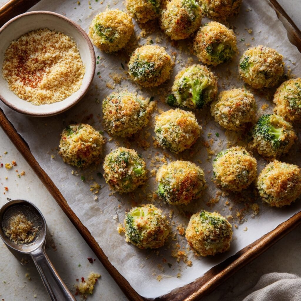 Broccoli cheese bites coated in seasoned breadcrumbs on a parchment-lined baking sheet before baking, showing crispy texture and green broccoli pieces.