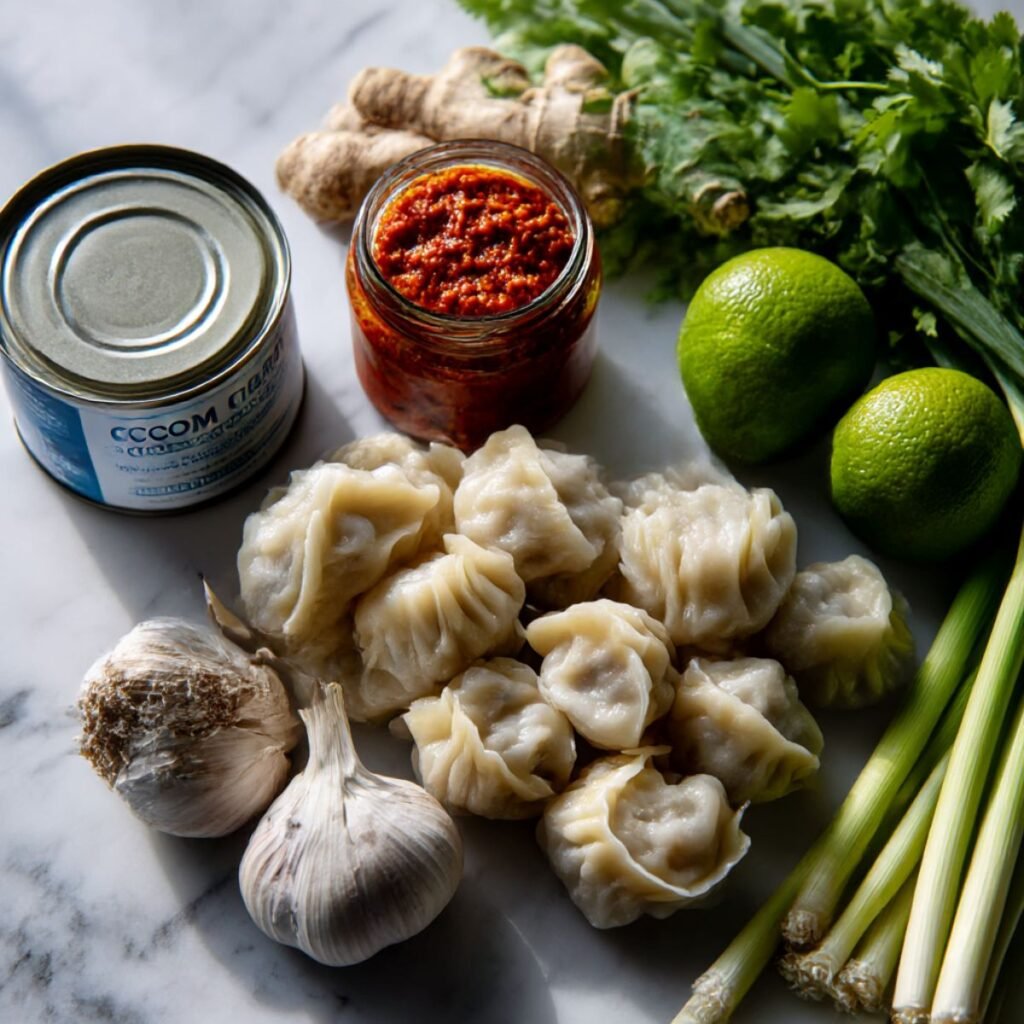 Fresh ingredients for coconut curry soup including coconut milk, red curry paste, dumplings, lemongrass, and limes on a marble surface.