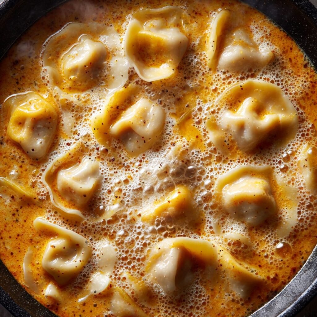 Dumplings floating in coconut curry soup showing they are fully cooked